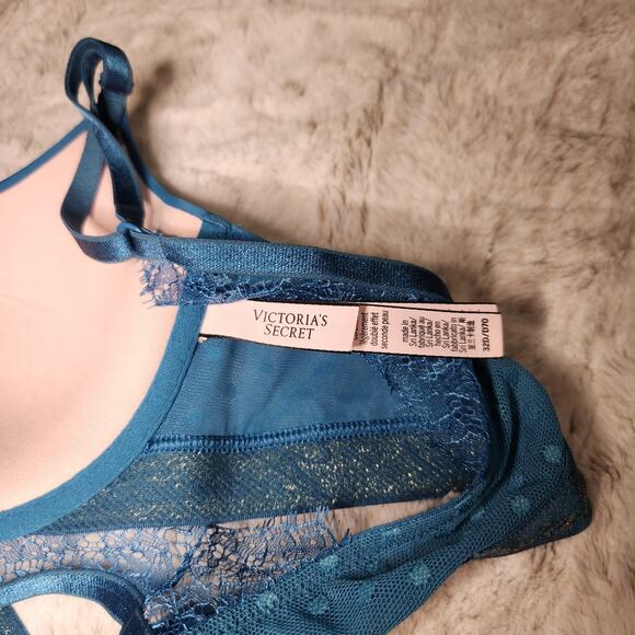 NWOT Victoria's Secret Blue Lace Front Close T-Shirt Lightly Lined Demi Bra 32D - Picture 3 of 5
